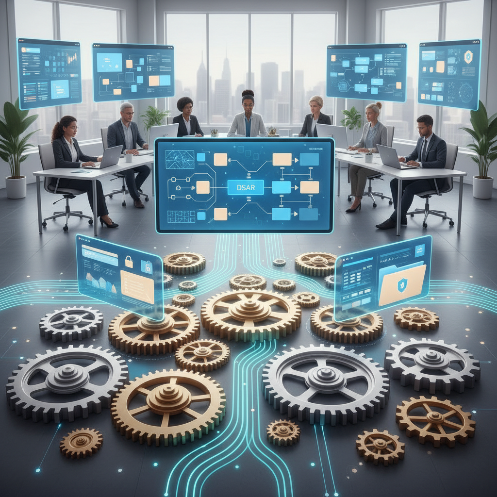 Gears turning, documents flowing, digital data streams, compliance manager observing screens.