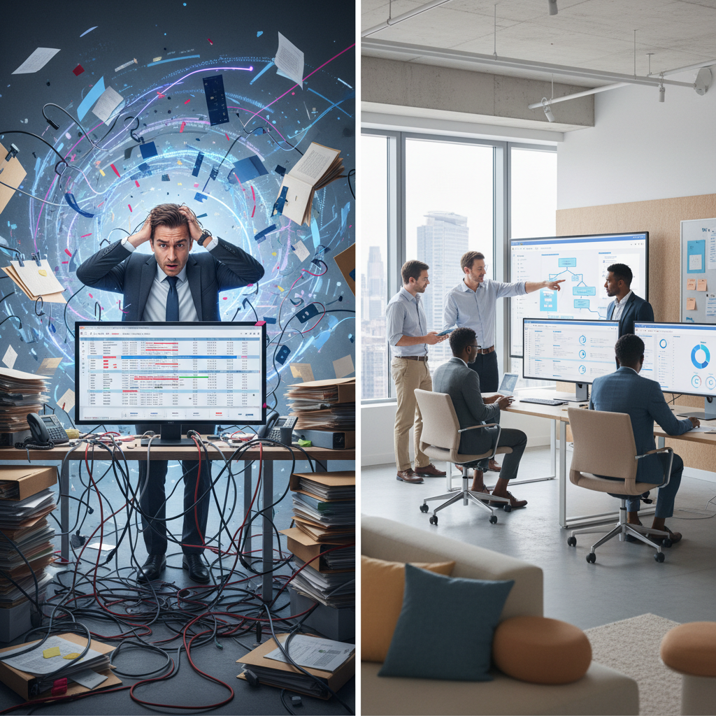 Confused executive, tangled wires, overflowing folders, spreadsheet on screen, digital chaos.