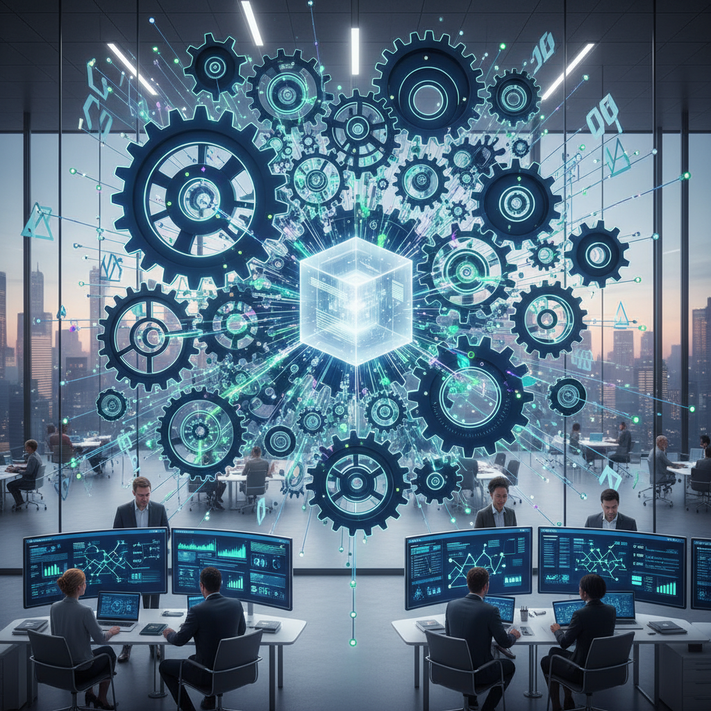 Digital gears and documents flow into a centralized, glowing case file.