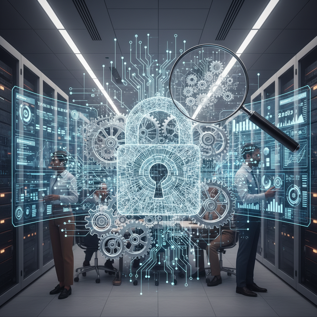 Digital padlock, gears, magnifying glass on glowing server racks.