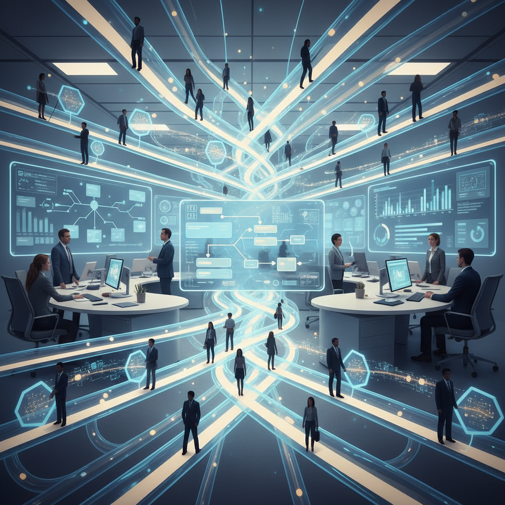 Figures navigate complex, glowing workflow tunnels, data streams overhead.