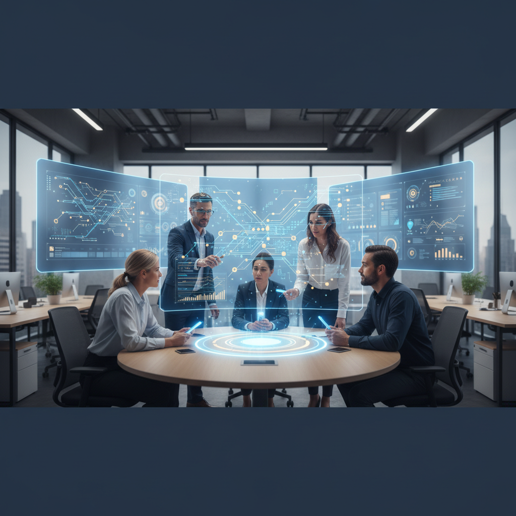 Diverse office workers collaborating around a glowing, interconnected digital workflow.