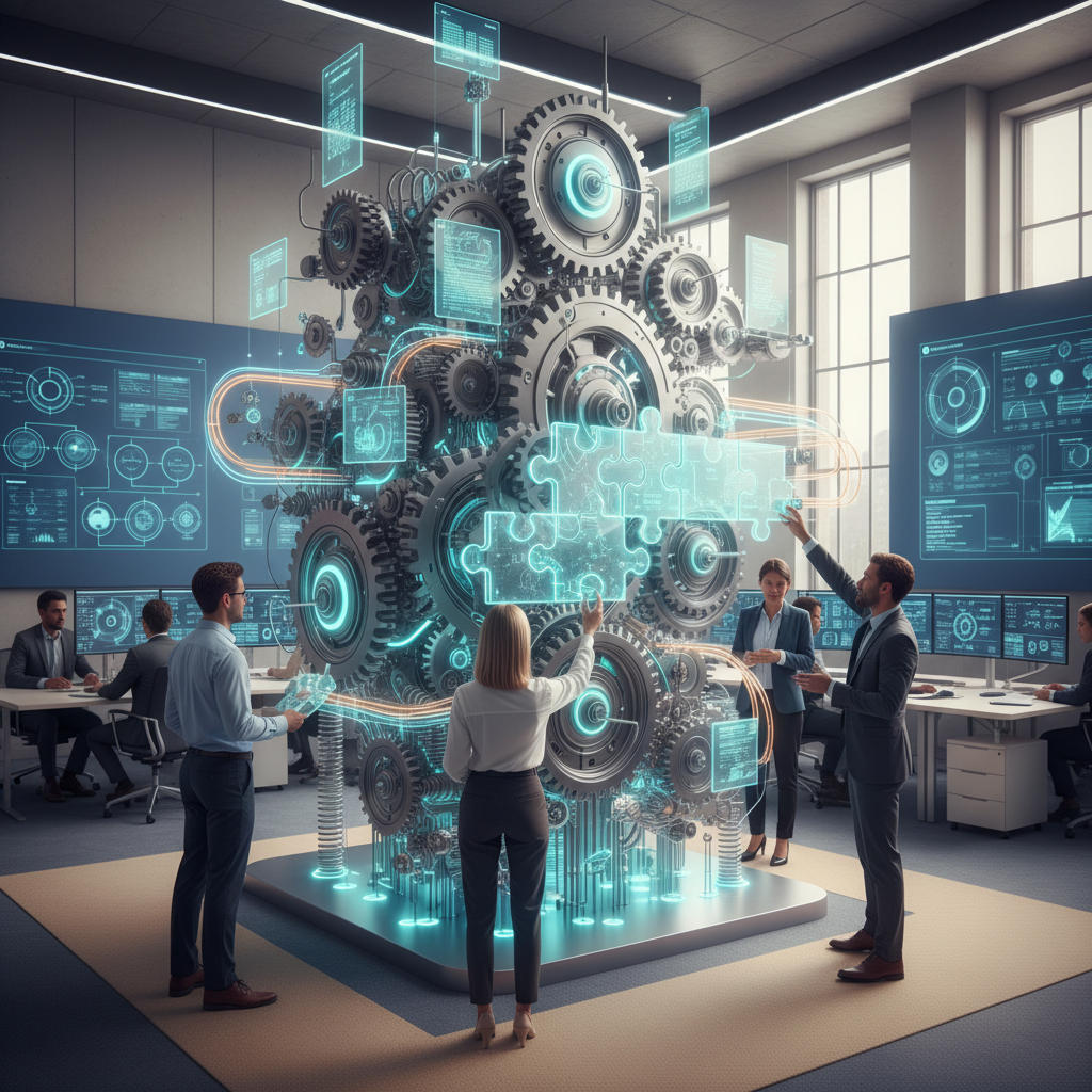 Glowing gears, diverse hands aligning complex regulatory puzzle pieces.