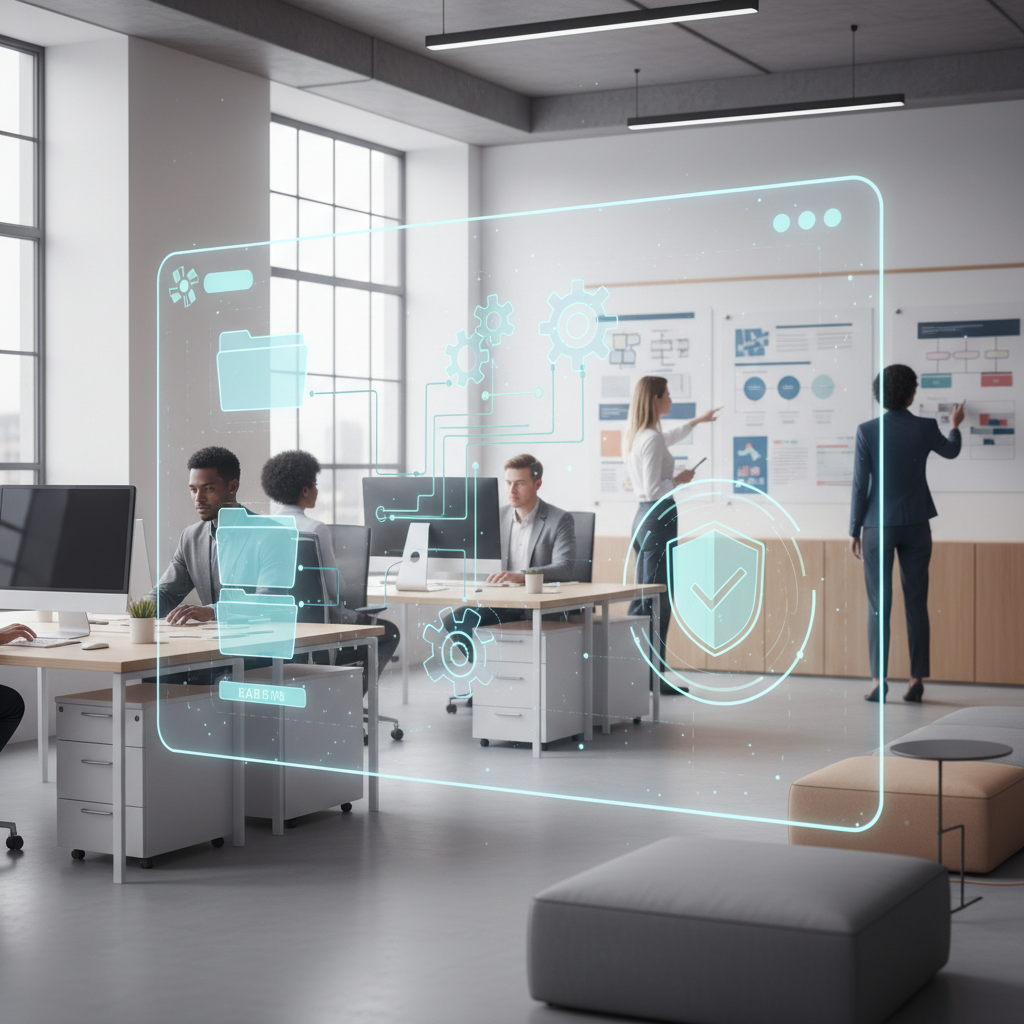 Digital blueprint, gears, flowing data, and document stack symbolize structured quality.