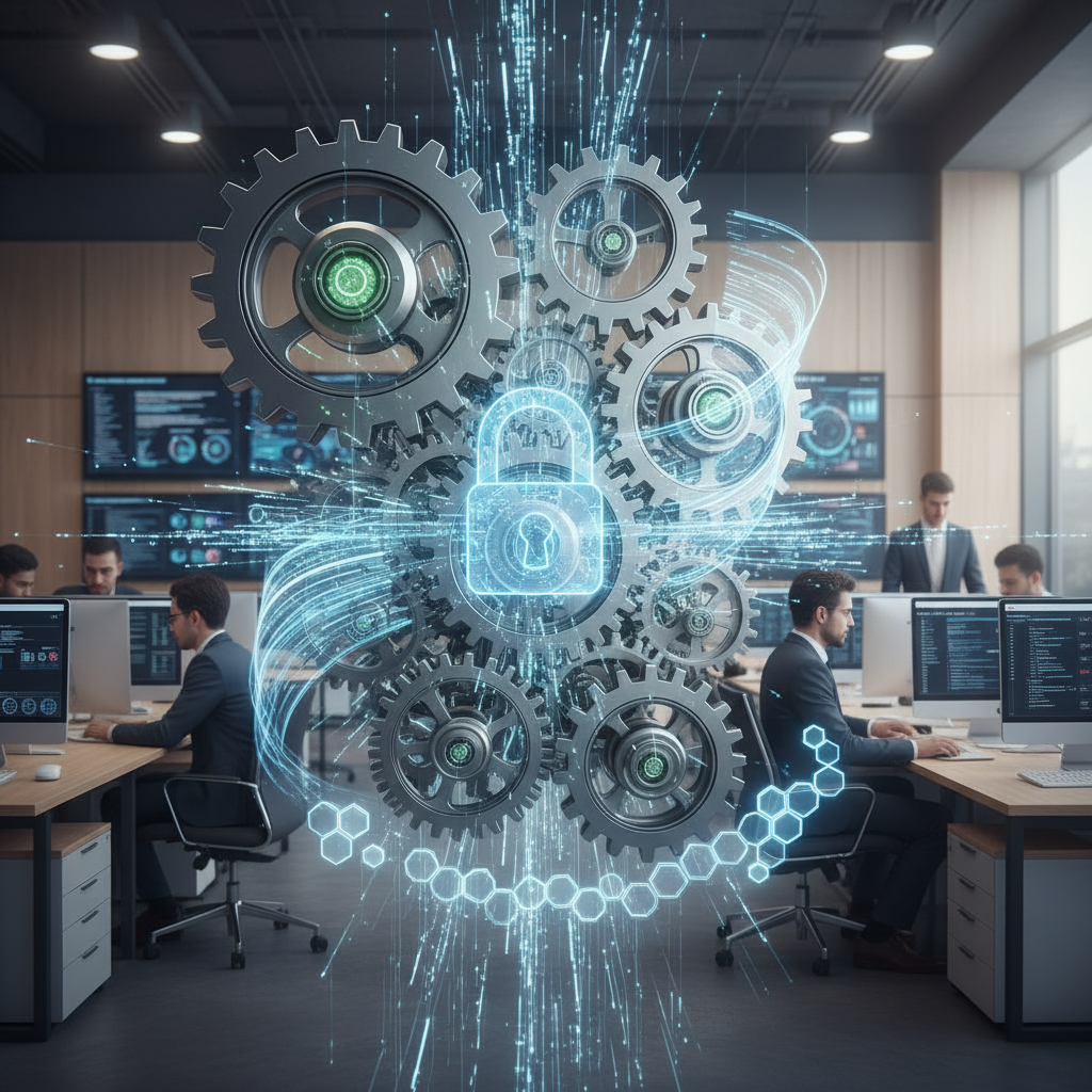 Gears mesh, flowing data streams, a secure padlock, compliance documents.