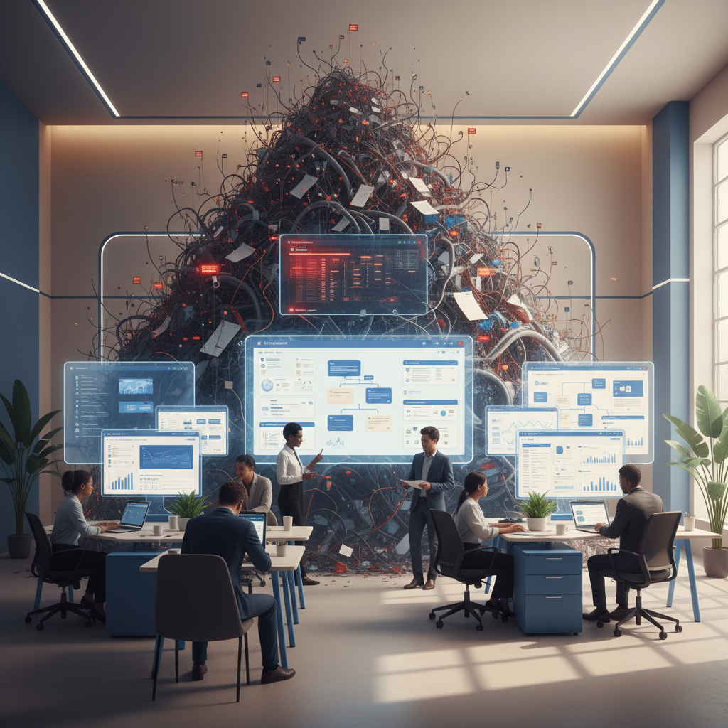 Tangled, complex spreadsheet data overflowing a monitor, with a stressed person at a desk.