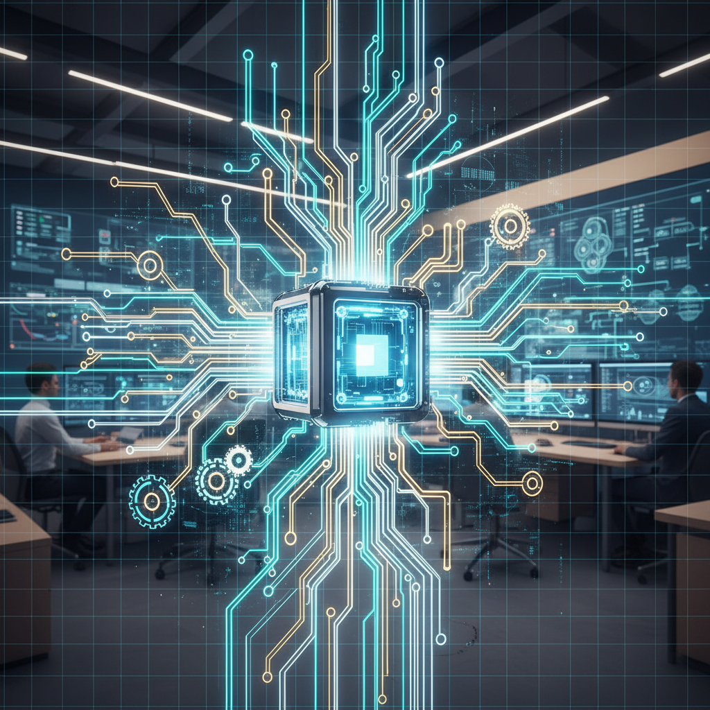 Cybernetic hands organizing data blocks, secure, glowing circuits, green hue.