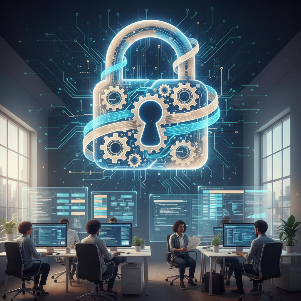 Digital padlock, gears, and flowing data on a blue circuit board.