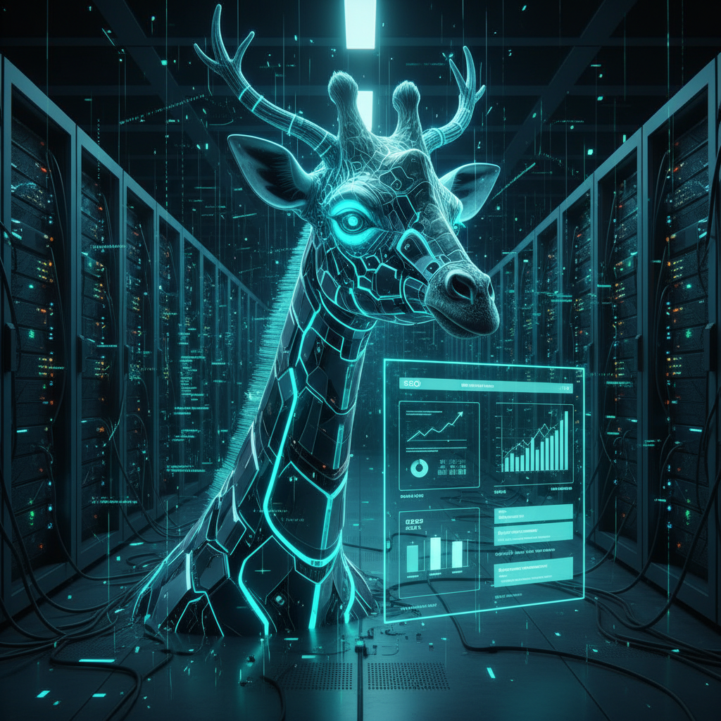 Digital giraffe head, data streams, futuristic interfaces, glowing server racks.