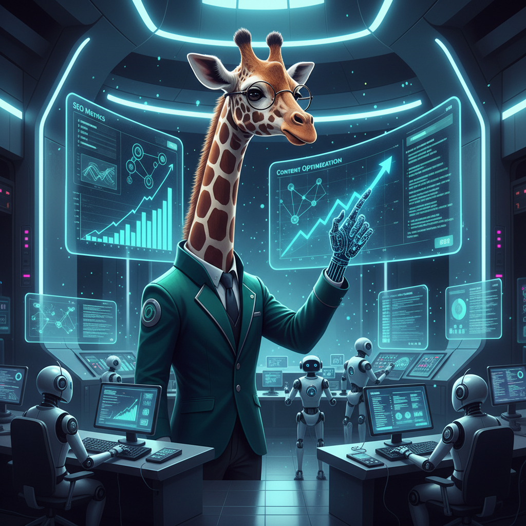 AI giraffe examining glowing screens with data and graphs, surrounded by robots.