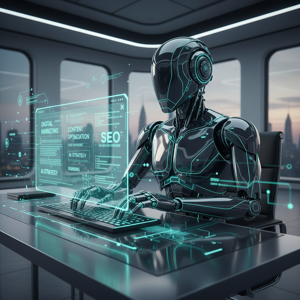 AI robot creating content on a laptop with data flowing, glowing connections.