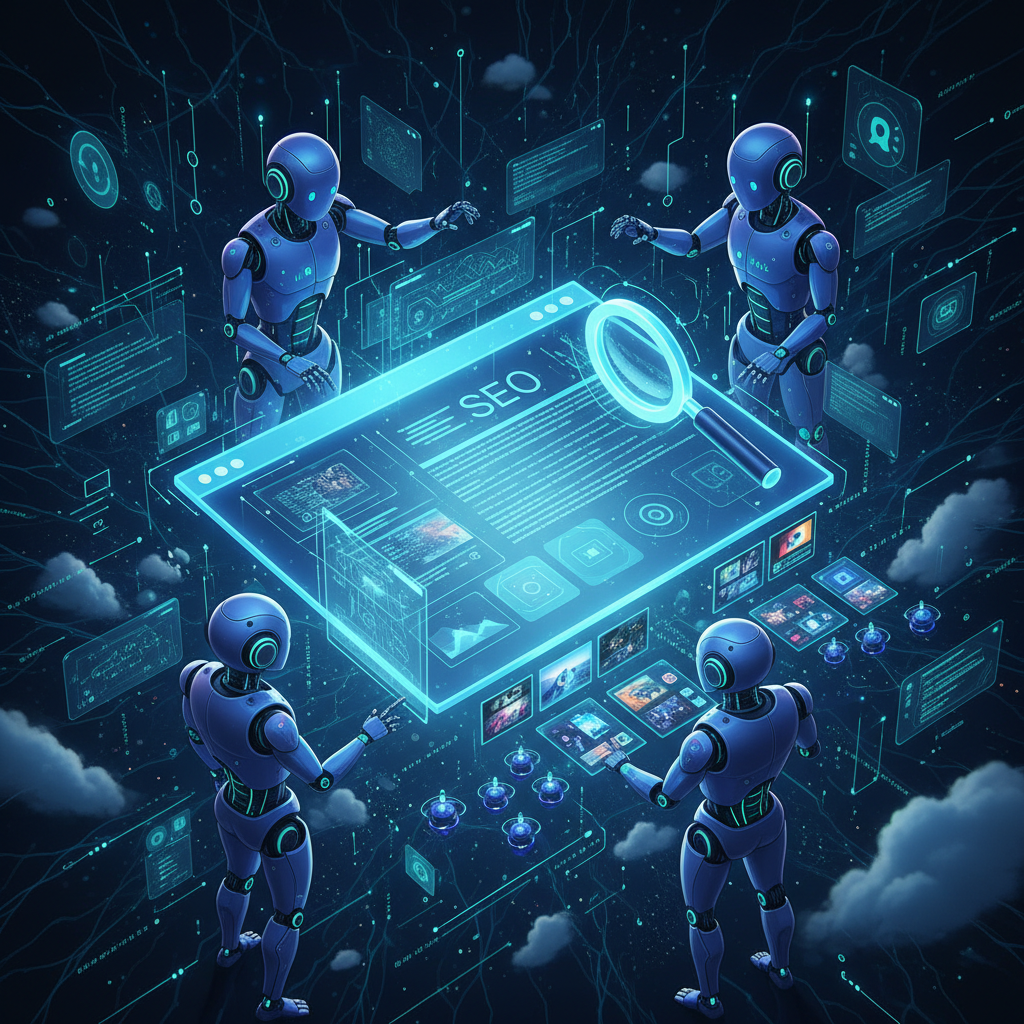 AI robots collaborating on digital content, gears turning, data flows, bright screens.