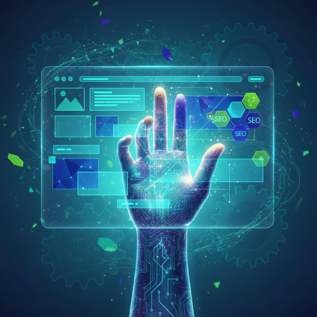 AI hand constructing web pages, data flowing, gears turning.