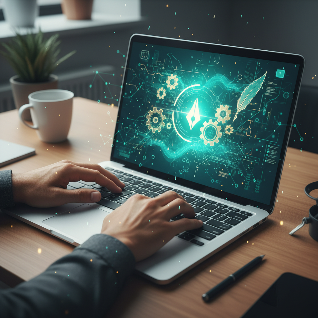Person typing on laptop, surrounded by glowing data points, gears, and a quill pen.