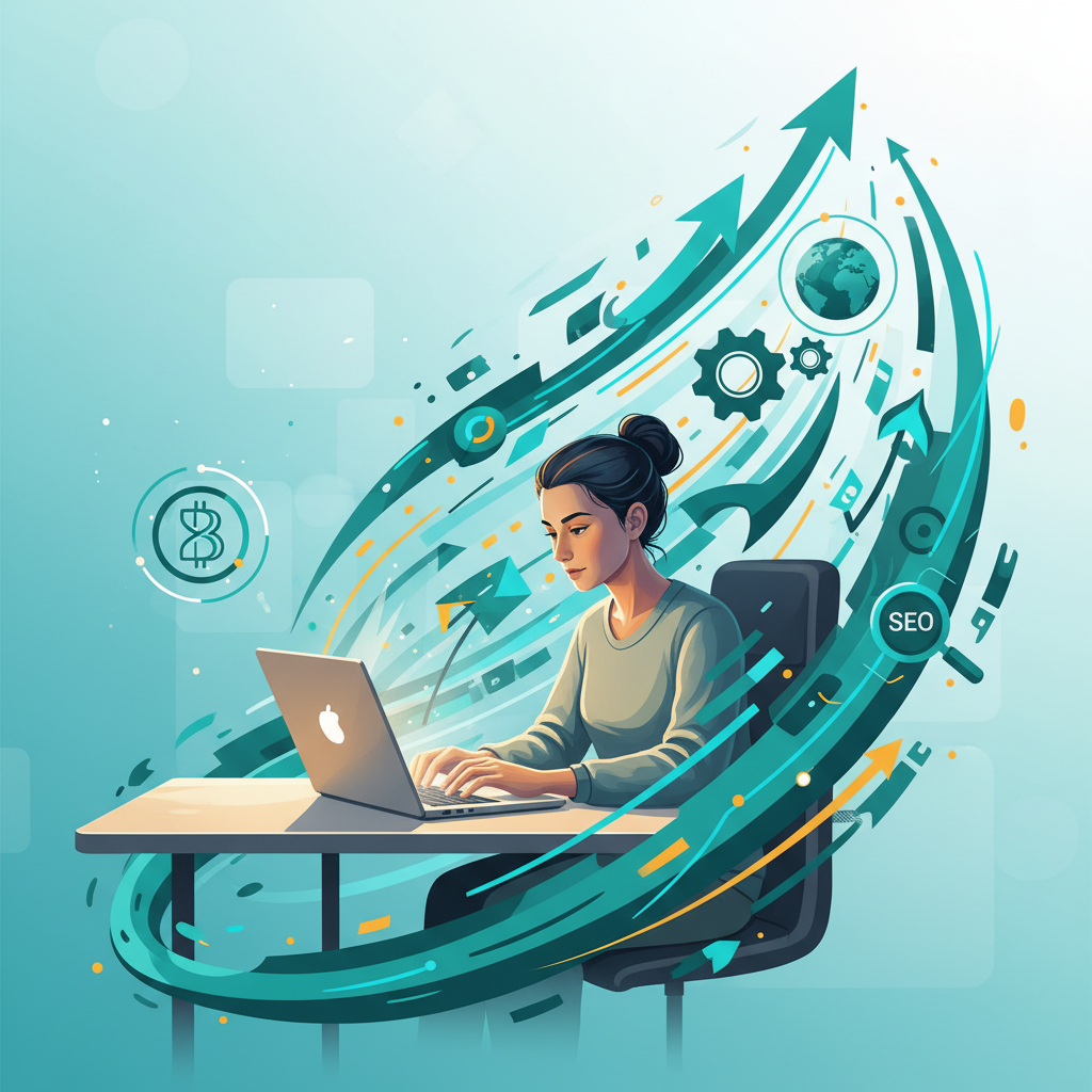 Blogger working at glowing laptop, data charts, gears, plants surround.