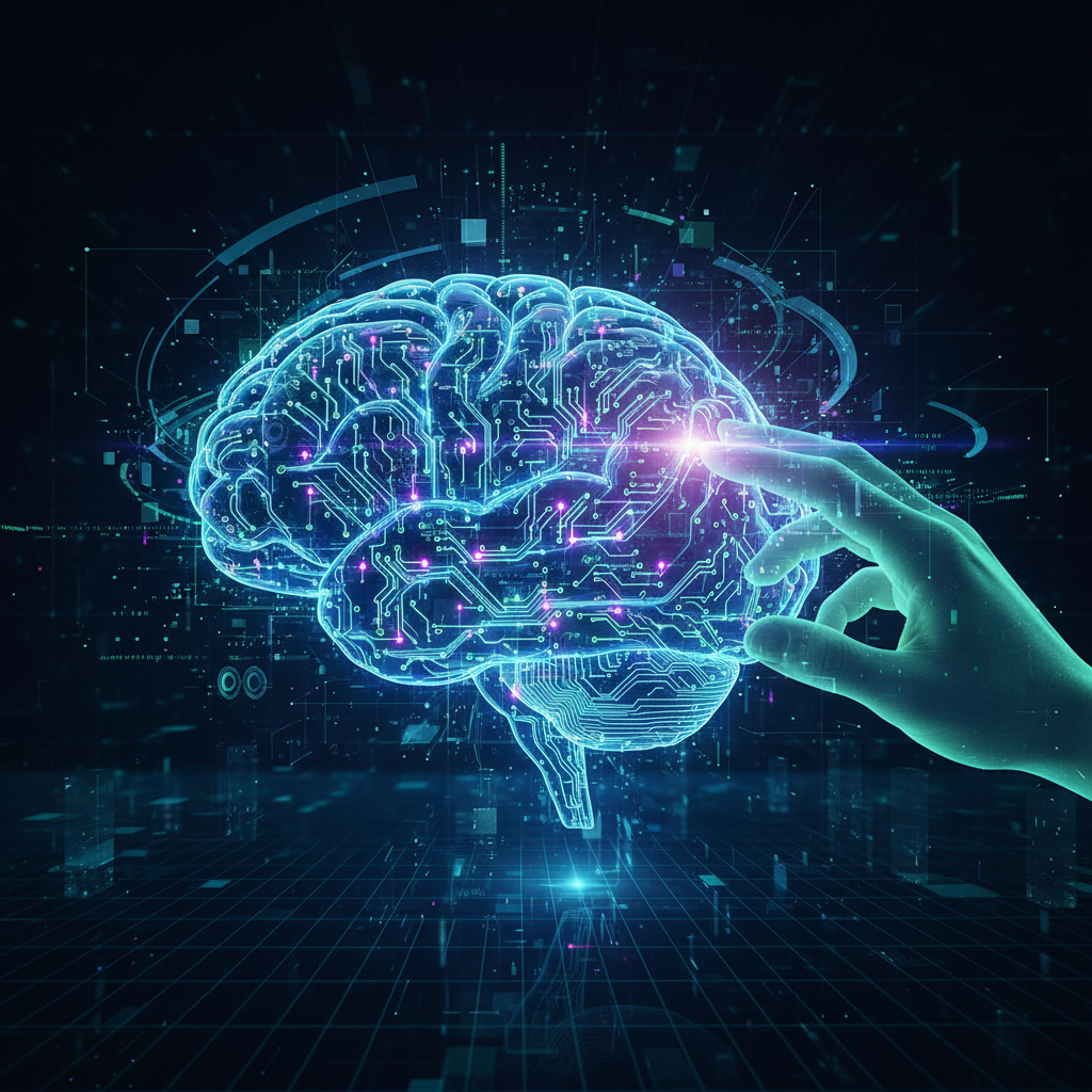 AI circuit brain and human hand reaching, data lines connect.