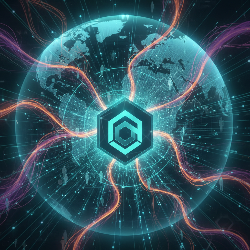 AI network illuminates a brand logo, digital data flows around.