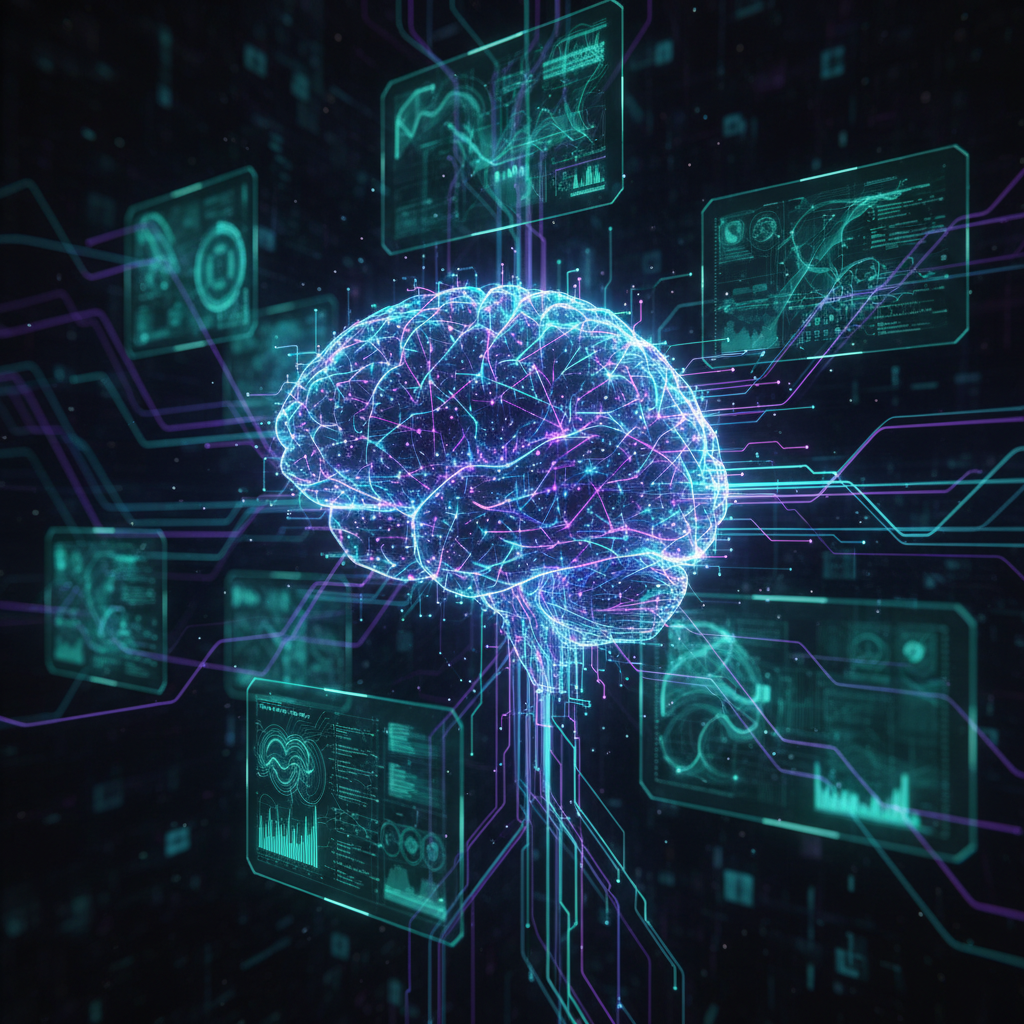 AI brain analyzing brand data on screens, light trails.