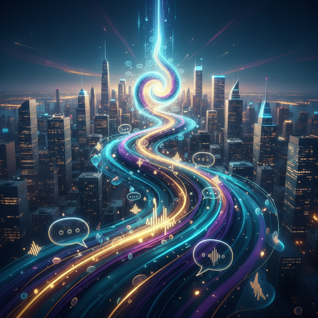 Abstract sound waves form a coherent glowing path, leading to a vibrant city.