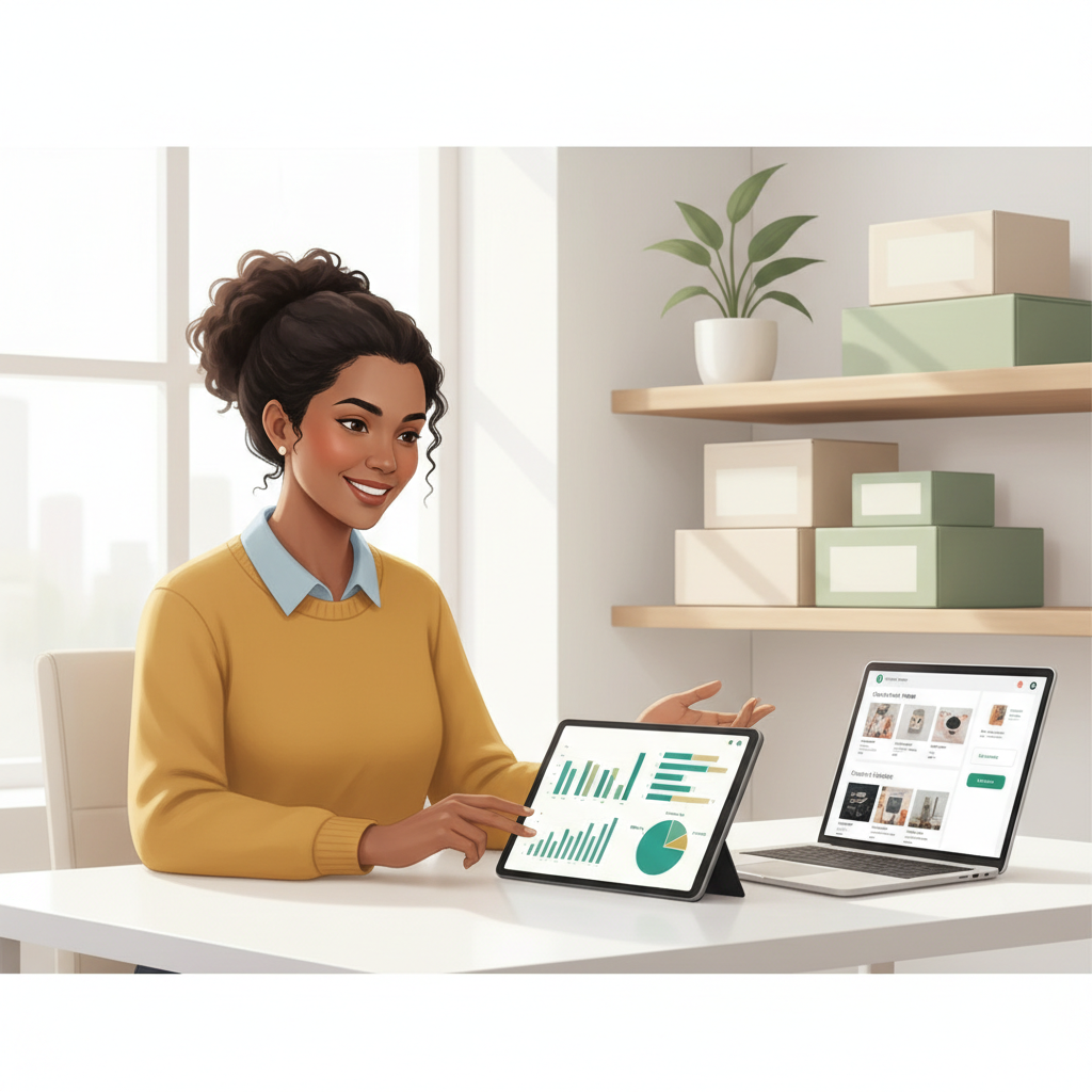 A woman smiles, navigating financial dashboards on a tablet and laptop.