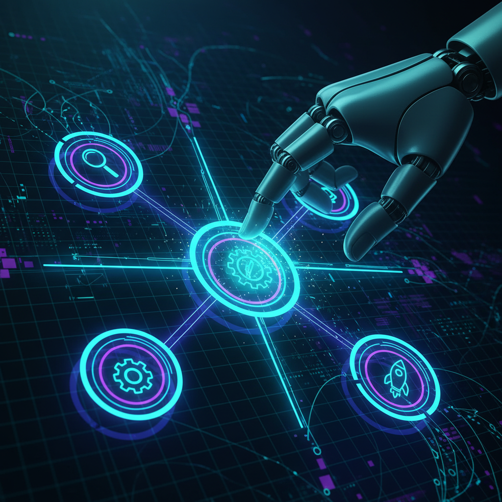 Robot hand places gears onto a glowing content strategy flowchart.
