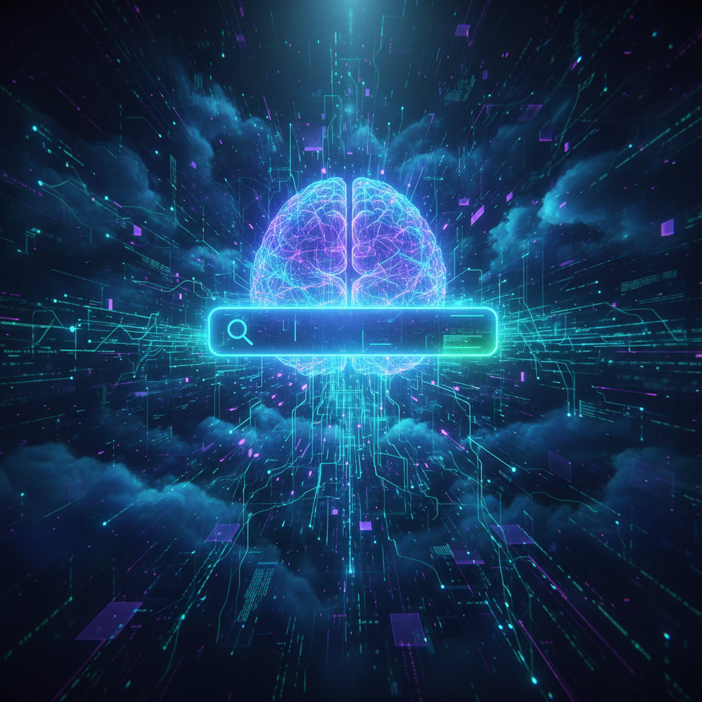 Futuristic search bar, glowing AI brain, interconnected data streams, digital information flowing.
