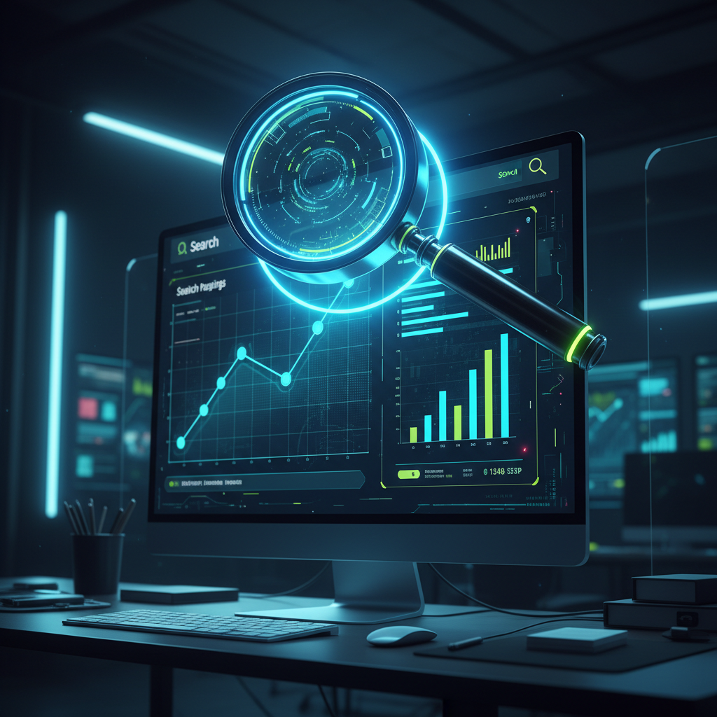 Magnifying glass over a search results page, digital chart, upward trend line