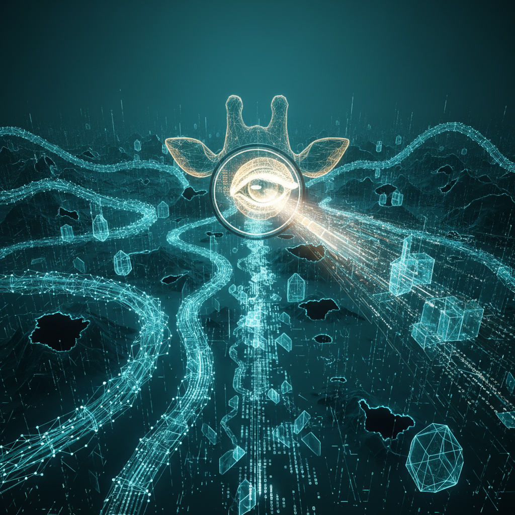 AI gears and data streams, a glowing giraffe eye, a magnifying glass.