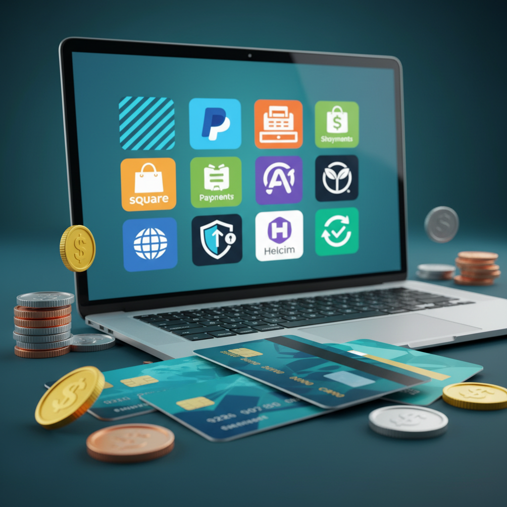 Multiple credit cards, coins, and a laptop screen displaying various payment logos.