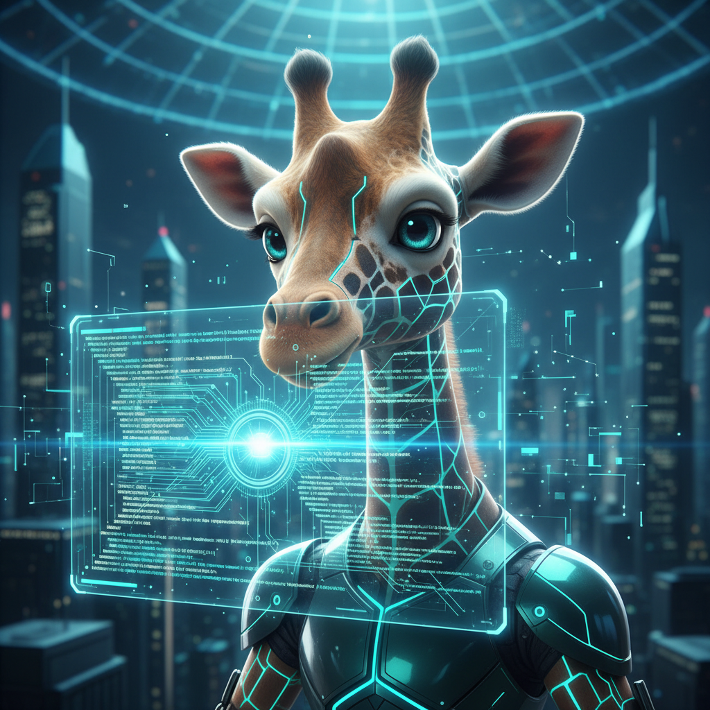 AI giraffe examining web code on a glowing screen, digital connections forming