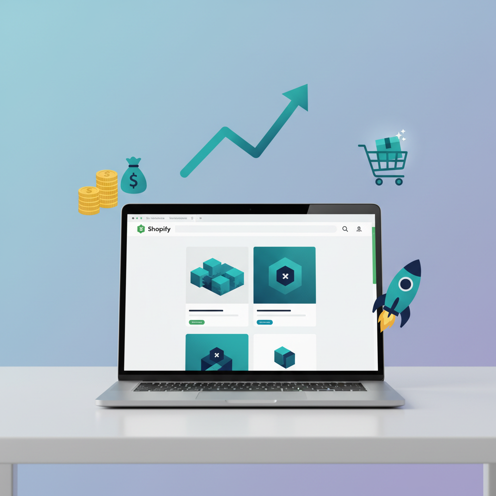 Laptop screen shows a Shopify store, money bags, shopping cart, growth graph.