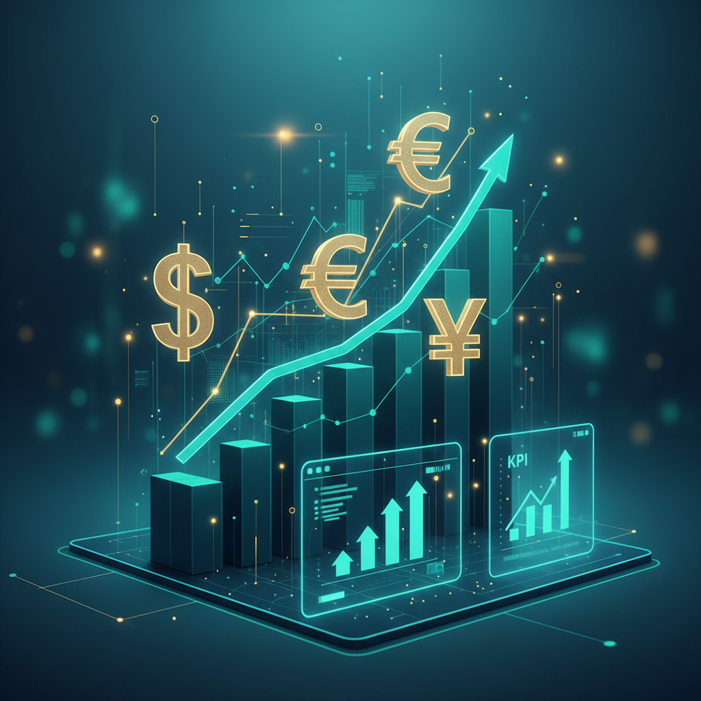 Digital graphs, soaring money, interconnected devices, data flows.