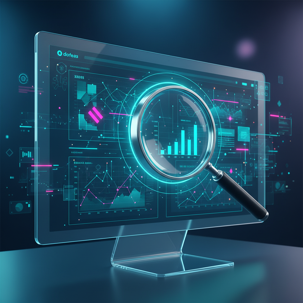 Magnifying glass hovers over a colorful, intricate website interface on a monitor.