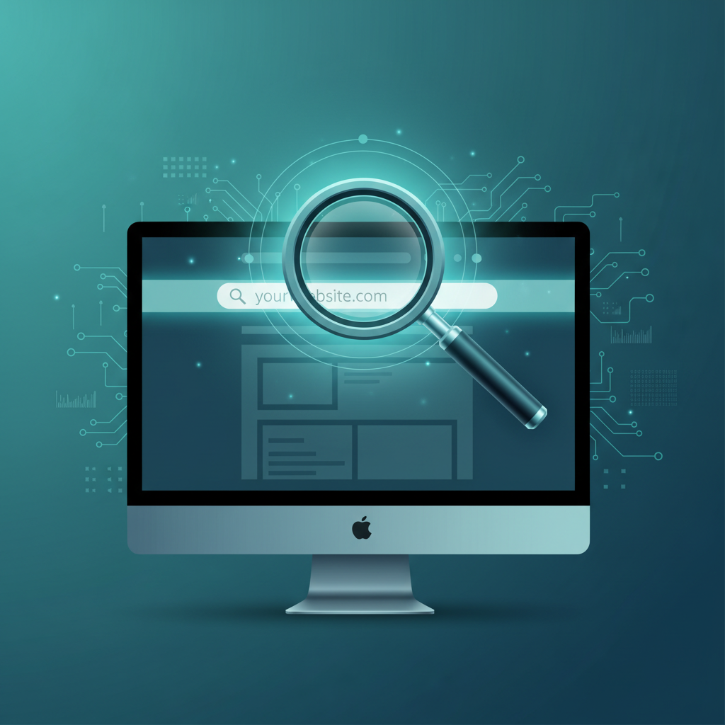 Magnifying glass hovers over a website address bar on a monitor.