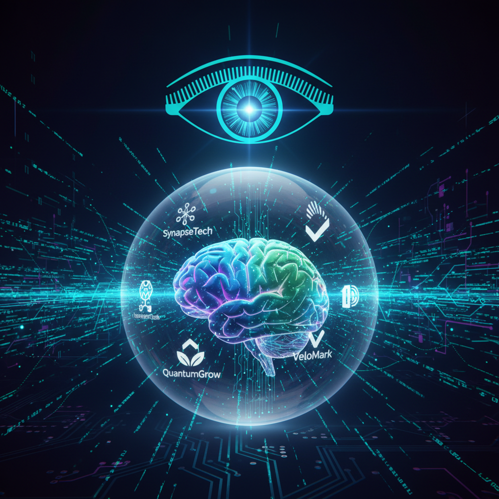 Digital eye scans data streams, competitor logos glow, AI brain pulsed.