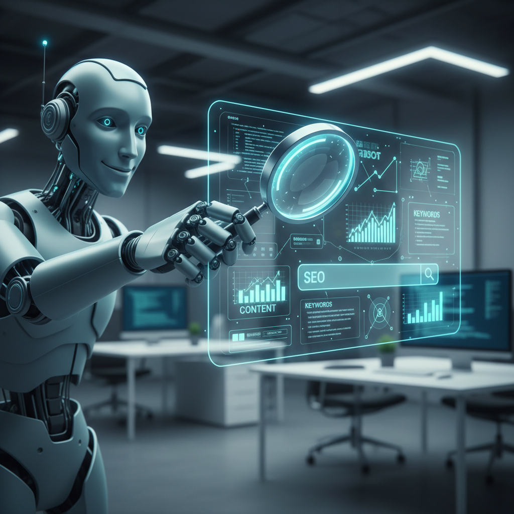 AI robot arm holding a magnifying glass over a digital interface with keywords.