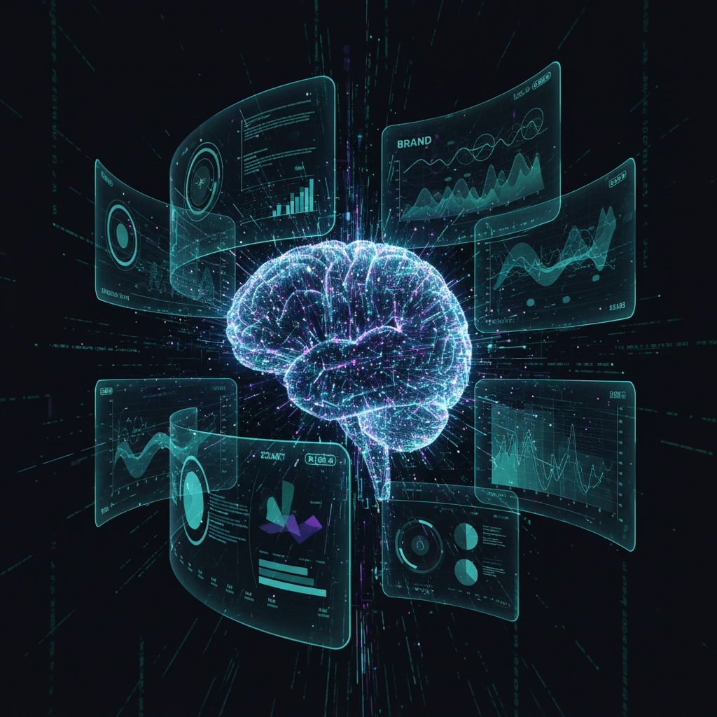 Glowing AI brain analyzes brand data on holographic screens, surrounded by digital graphs.