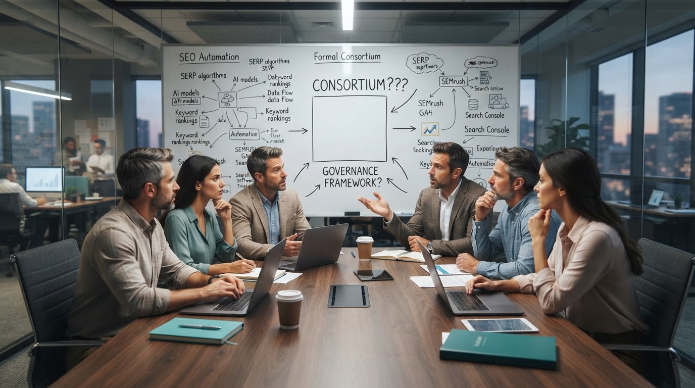 Team reviewing seo automation consortium documentation on a shared screen